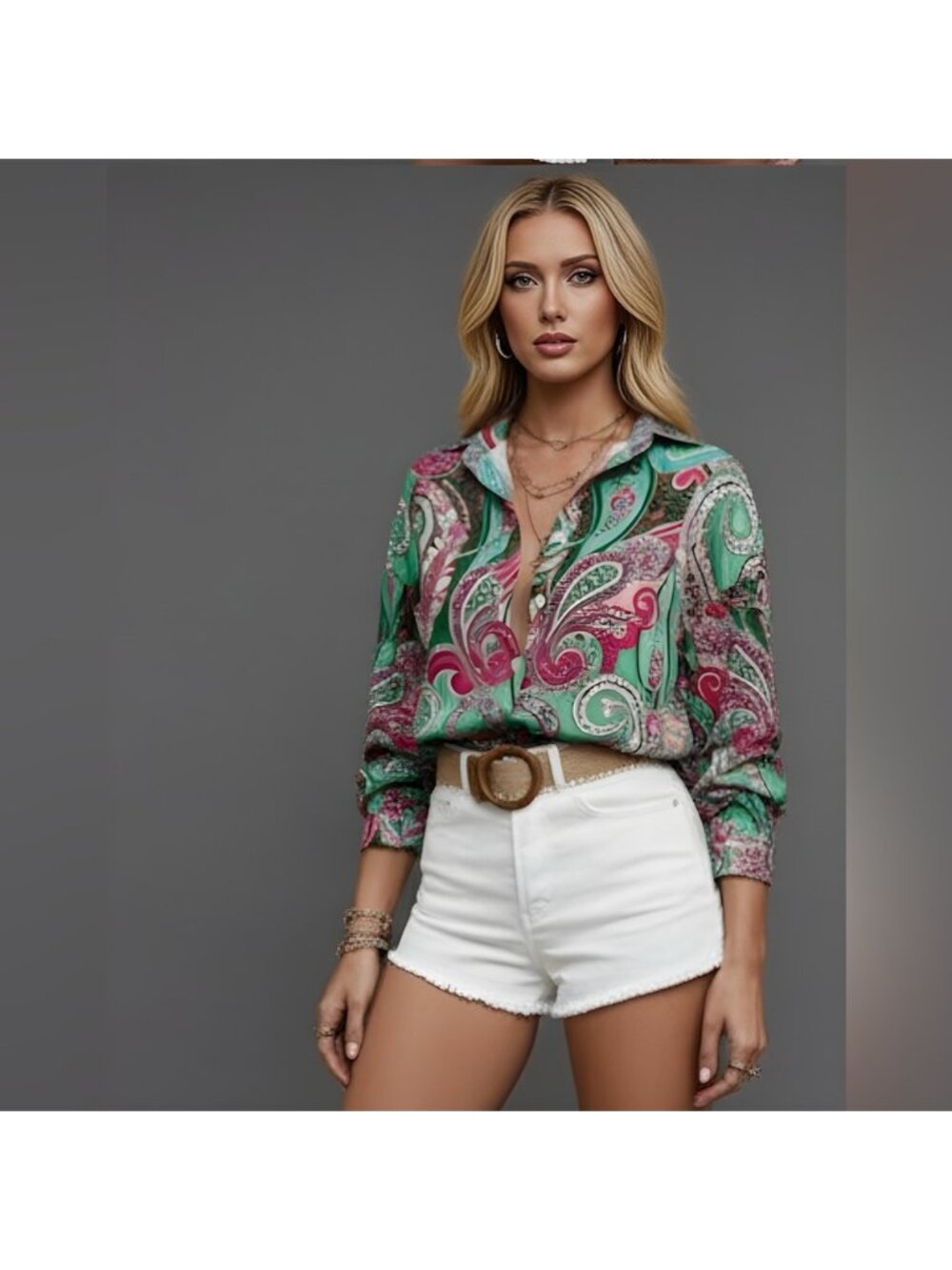 Paisley Print Single Breasted Drop Shoulder Shirt Green